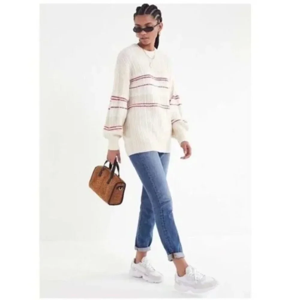 Urban Outfitters Snuggle Up Striped Pullover Sweater Sz XS Cream Red Cozy Fuz…